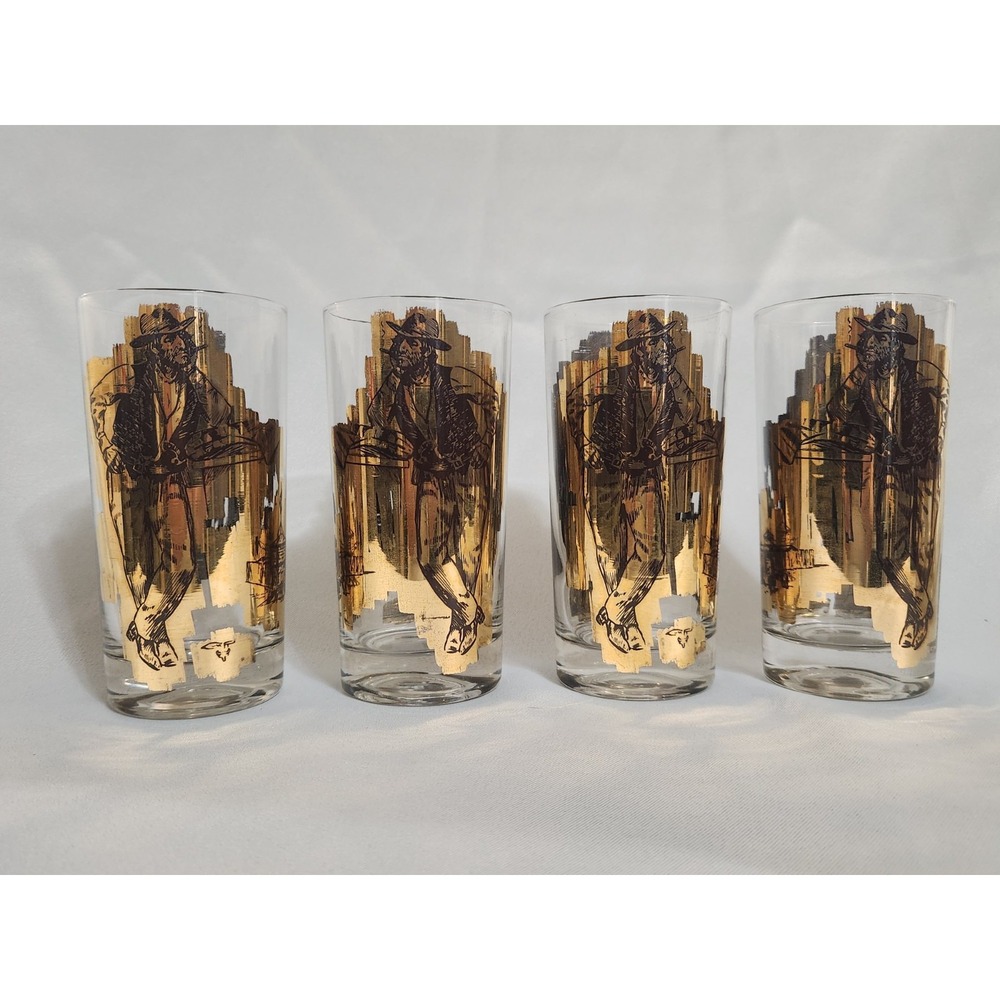 Rare MCM Charles Russell Cowboy Western 24K Gold Cocktail Highball Glass EUC